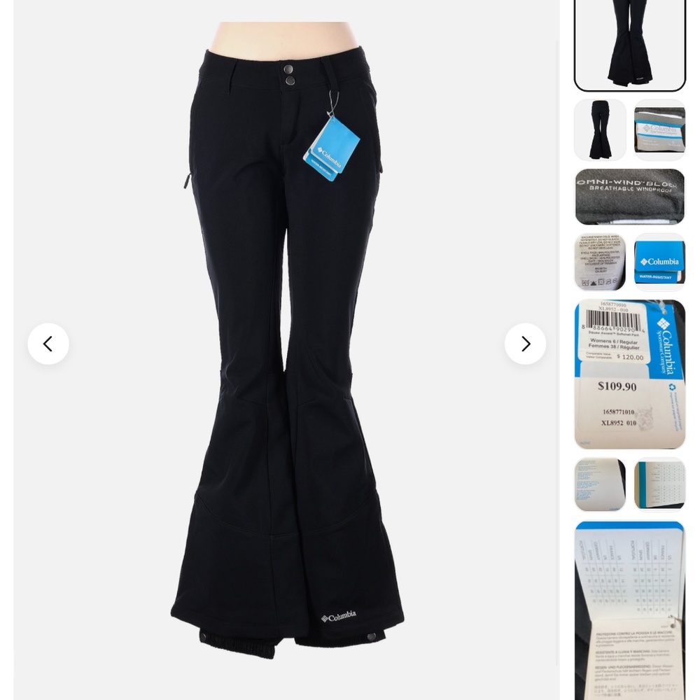 NWT Columbia Black Squaw Accent Softshell Ski Pant With Lined Cuffs Size 6